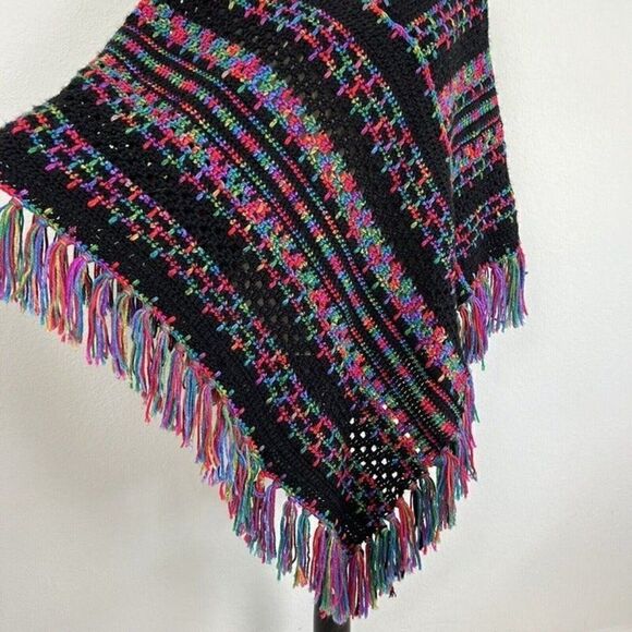 Crocheted Handmade Boho Black Rainbow Loose Knit Fringe Shawl Poncho Sweater OS - Picture 4 of 12